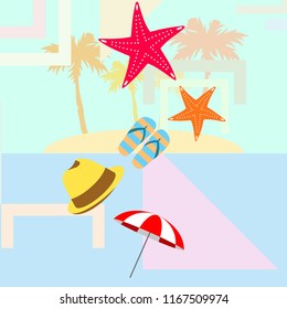beach umbrella starfish hat flip flops beach holiday vector background