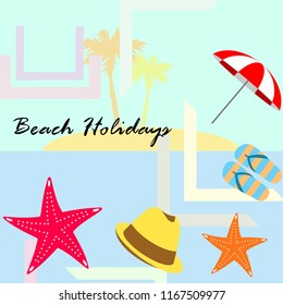 beach umbrella starfish hat flip flops beach holiday vector background