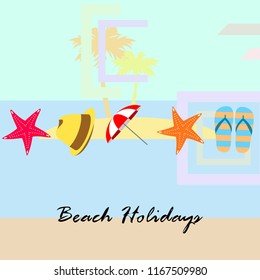 beach umbrella starfish hat flip flops beach holiday vector background