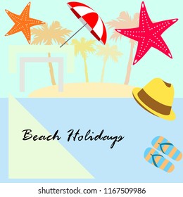 beach umbrella starfish hat flip flops beach holiday vector background
