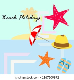 beach umbrella starfish hat flip flops beach holiday vector background