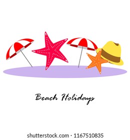 beach umbrella starfish hat flip flops beach holiday vector background