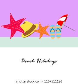 beach umbrella starfish hat flip flops beach holiday vector background