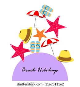 beach umbrella starfish hat flip flops beach holiday vector background