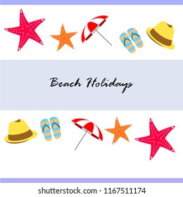 beach umbrella starfish hat flip flops beach holiday vector background