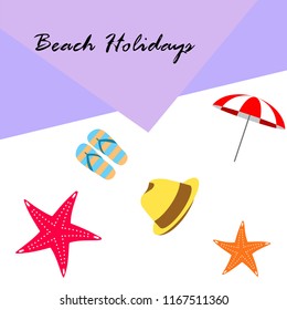 beach umbrella starfish hat flip flops beach holiday vector background