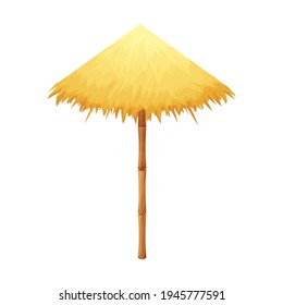 Beach umbrella from straw and bamboo in cartoon style isolated on white background. Hawaiian tiki parasol, sunshade equipment. Hotel, sea tropical decoration stock vector illustration.