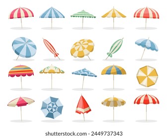 Beach umbrella. Summer parasol, protection from sun flat design, colorful top view of sea beach sunshade, holiday and vacation umbrella concept. Vector set. Relaxation on coast in summertime