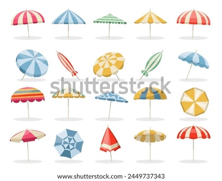 Beach umbrella. Summer parasol, protection from sun flat design, colorful top view of sea beach sunshade, holiday and vacation umbrella concept. Vector set. Relaxation on coast in summertime