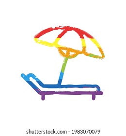 Beach umbrella, summer rest, simple icon. Drawing sign with LGBT style, seven colors of rainbow (red, orange, yellow, green, blue, indigo, violet