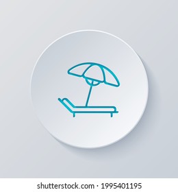 Paraguas de playa, descanso de verano, icono sencillo. Cortar círculo con capas grises y azules. Estilo de papel