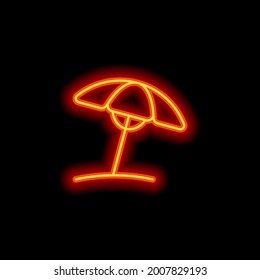 Beach umbrella, summer rest, simple icon. Orange neon style on black background. Light linear icon with editable stroke