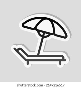 Beach umbrella, summer rest, simple icon. Linear sticker, white border and simple shadow on gray background