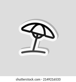 Beach umbrella, summer rest, simple icon. Linear sticker, white border and simple shadow on gray background