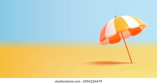 Beach umbrella from the sun, 3D. Orange and white umbrella on bright summer background, for recreation, travel, summer concepts. Vector illustration.
