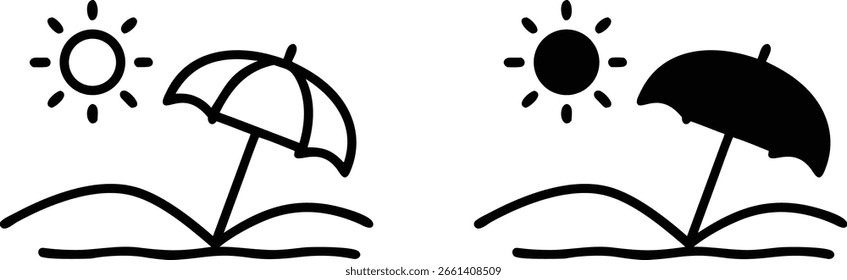 Vetor do ícone do sol do guarda-chuva da praia, símbolo branco preto das férias de verão, ilustração de férias simples