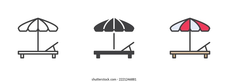 Beach umbrella and Sun lounger different style icon set. Line, glyph and filled outline colorful version, outline and filled vector sign. Sunbed symbol, logo illustration. Vector graphics