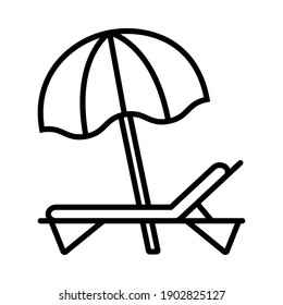 Beach umbrella and sun lounger line icon on white background, vector illustration