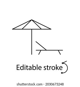 Beach umbrella and sun lounger outline icon. Maldives attraction. Place to relax on the beach. Tropical resort. Customizable linear contour symbol. Editable stroke. Isolated vector stock illustration