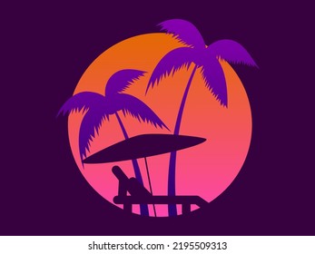 Beach umbrella with sun lounger and palm trees at sunset. Retro futuristic sun with palm trees. Design for banners, posters and promotional items. Vector illustration