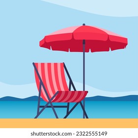 Paraguas de playa y tumbonas. En la playa de arena hay una sombrilla. Complejo tropical de verano con tumbonas privadas en la costa. Cama de sol vacía a orillas del mar. Ilustración del vector