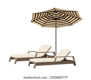 Beach umbrella and Sun loungers. Sunbeds with parasol. Set of outdoor, patio, garden furniture, interior, landscape design elements. Vacation icon, summertime relax. Vector illustration isolated