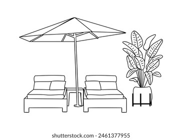 Sombrilla y tumbonas. Tumbonas con sombrilla. Conjunto de exterior, patio, muebles de jardín, interior, Elementos de diseño paisajísticos. Icono de vacaciones, relax en verano. Ilustración vectorial aislada.