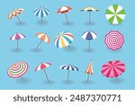 Beach umbrella. Sun protection summer umbrellas different designs recent vector illustrations in cartoon style