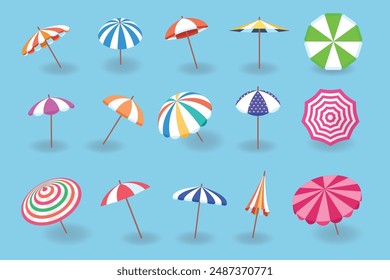 Beach umbrella. Sun protection summer umbrellas different designs recent vector illustrations in cartoon style