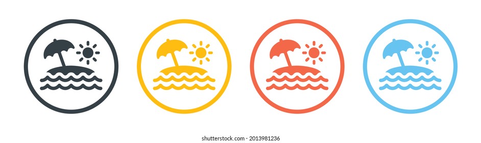 Beach umbrella with sun and sea icon isolated on white background. Vector illustration