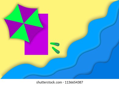 Beach with an umbrella from the sun and waves in the style of paper and 3d. Vector image.