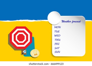 Beach umbrella, sunbed, straw hat, glasses and smart phone are located on the empty beach. White empty week weather forecast notice board is in the foreground. Ready for your text.