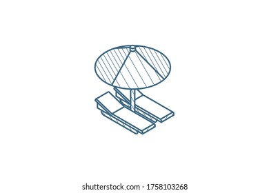 beach umbrella, sunbed, vacation tanning isometric icon. 3d vector illustration. Isolated line art technical drawing. Editable stroke