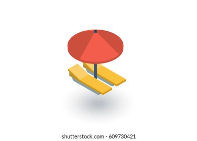 beach umbrella, sunbed, vacation tanning isometric flat icon. 3d vector colorful illustration. Pictogram isolated on white background