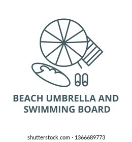 Beach umbrella and swimming board line icon, vector. Beach umbrella and swimming board outline sign, concept symbol, flat illustration