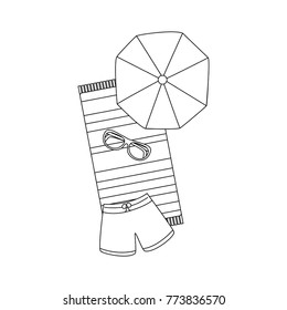 beach umbrella swimsuit sunglasses and towel
