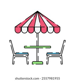 Beach Umbrella with Table and Chairs Icon Illustration with bright color palette in flat design style. Perfect for vacation, travel, and summer themed designs.
