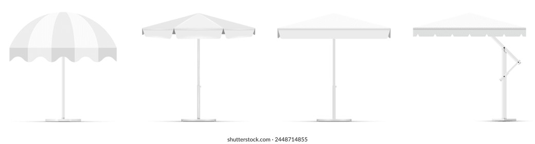 Beach umbrella tent collection. Cafe sunshade, store canopy, one striped and three pure white roofs. 3D realistic vector illustration isolated on white.