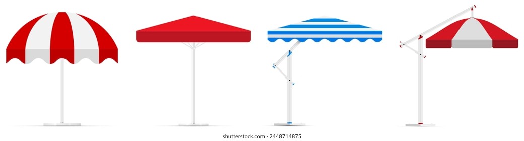 Beach umbrella tent collection. Cafe sunshade, store canopy, striped roof with red and white stripes. 3D realistic vector illustration isolated on white.