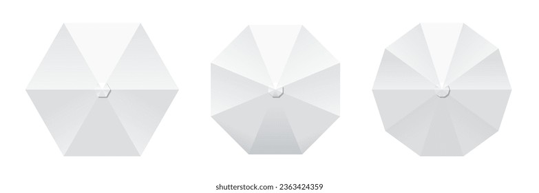 Beach umbrella top view. White summer parasol for sun protection. Vector sunshade tent mockup or relaxed vacation concept.