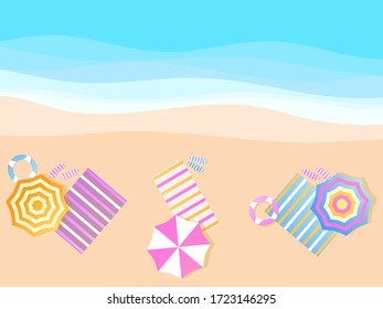 Beach umbrella and towel on the shore, top view. Flat design style. Summer background. Vector illustration