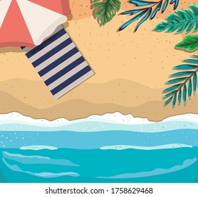playa con paraguas y toallas de diseño superior, vacaciones de verano y tema tropical Ilustración vectorial
