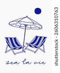 Beach umbrella and two chairs with aesthetic quote "sea la vie". Vintage Coastal wall art, greeting card, poster, wedding invitation, postcard design. Vector illustration