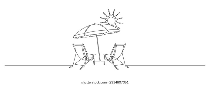 Paraguas de playa y dos sillas en una línea continua. Concepto de verano vacacional y luna de miel en el paraíso caribeño en un estilo lineal simple. Trazo editable. Ilustración del vector Doodle