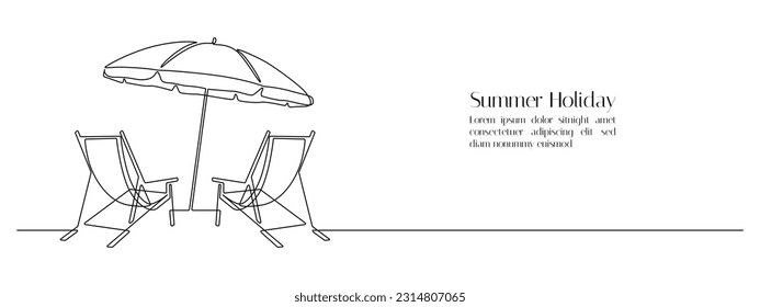 Beach umbrella and two chairs in one continuous line drawing. Concept of holiday summer and honeymoon in the Caribbean paradise in simple linear style. Editable stroke. Doodle vector illustration