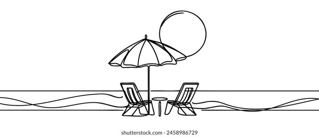 Beach umbrella and two chairs in one continuous line drawing.