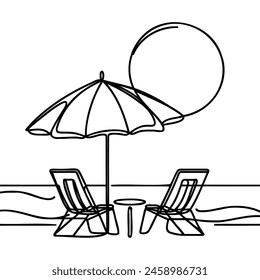 Sombrilla de playa y dos sillas en un dibujo de línea continua.