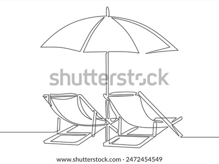 Beach umbrella and two chairs in one continuous line drawing. Concept of holiday summer and honeymoon in the Caribbean paradise in simple linear style. Editable stroke. Doodle vector illustration