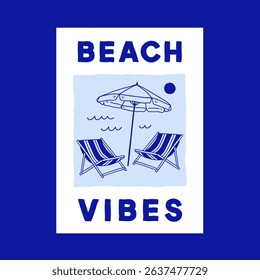 Beach umbrella and two chairs with quote "beach vibes". Vintage Coastal wall art, greeting card, poster, postcard design.