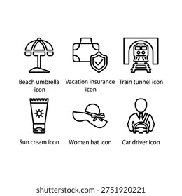 Beach umbrella, Vacation insurance, Train tunnel, Sun cream, Woman hat, Car driver, icon
